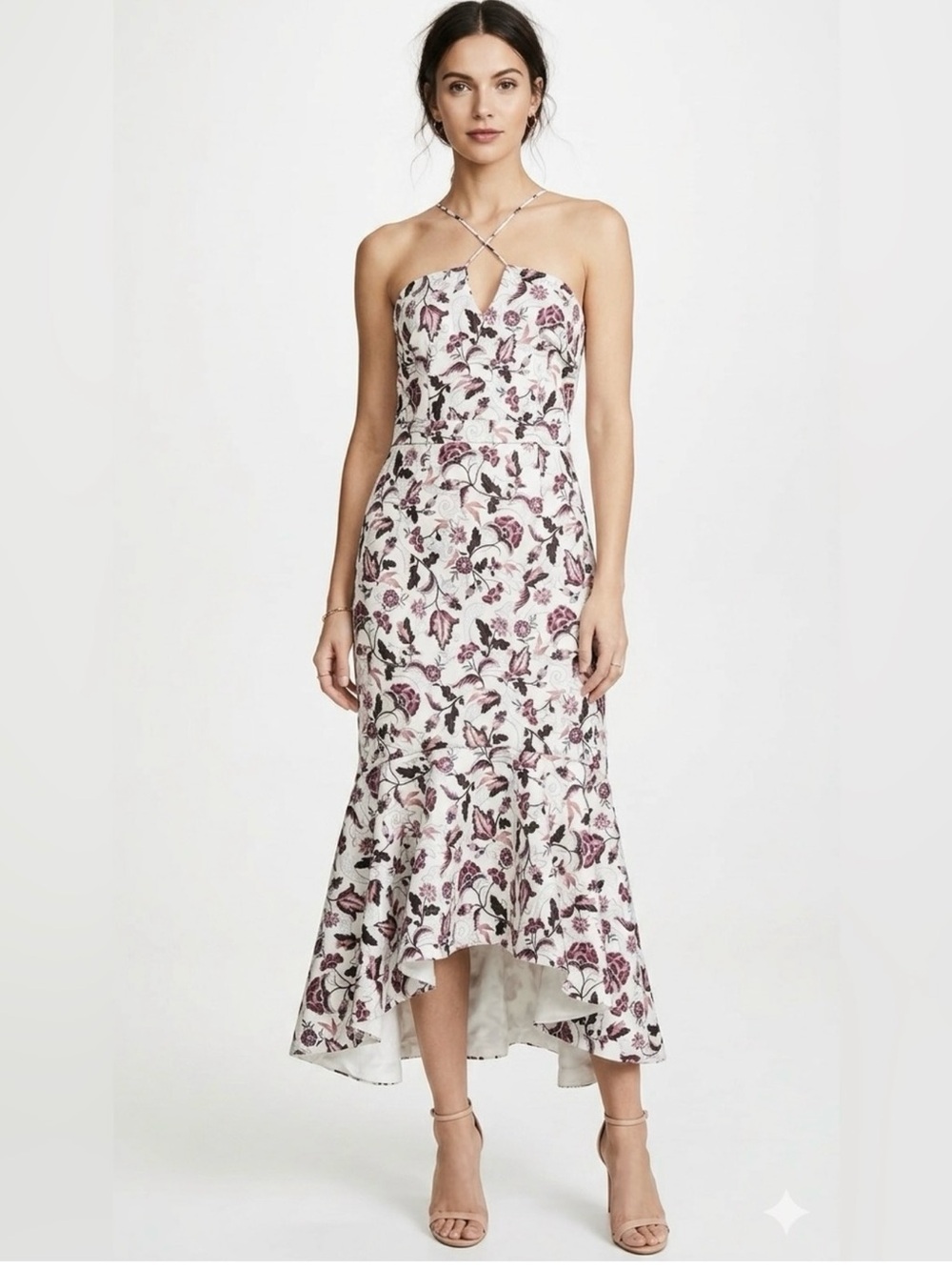 AMUR One-Shoulder Floral Midi Dress in Cream and Plum